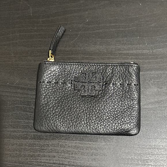 Tory Burch Black Pebbled Leather Card Case Key Ring Coin Pouch Wallet 3.5”x5.5” - Picture 1 of 8